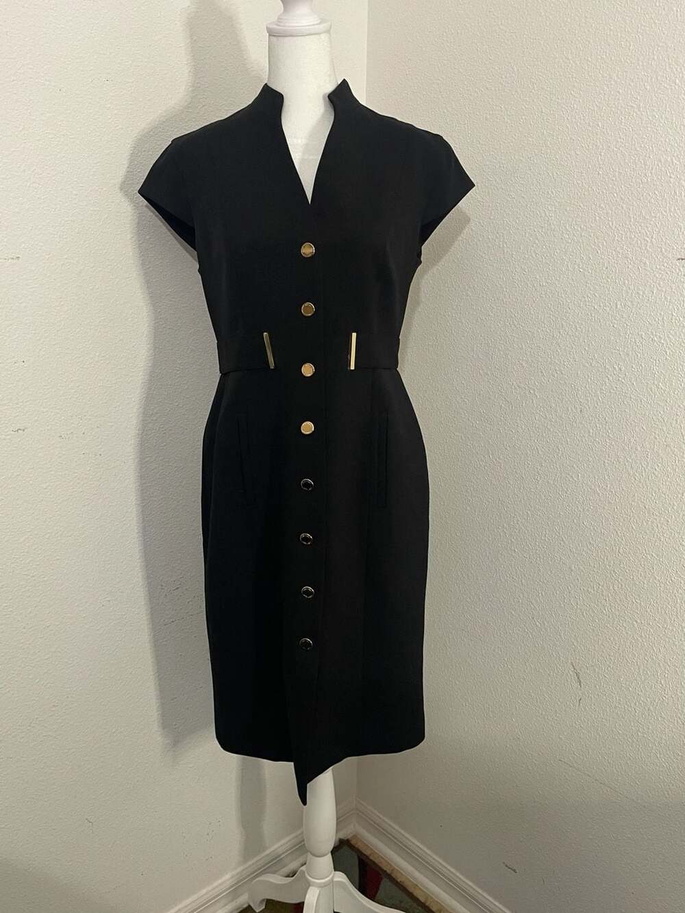 Calvin Klein Black Cap Sleeve Sheath Dress with Gold Button Front